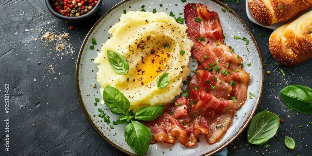Poster fried bacon and mashed potatoes with basil rolls on a plate top view web banner