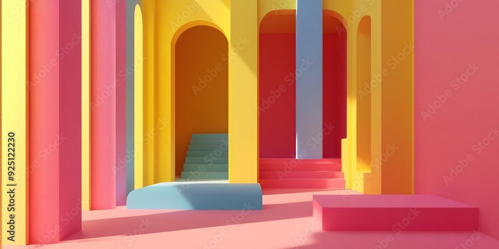 Poster Abstract Minimalist 3D Illustration Of A Colorful Room With Arches And Stairs