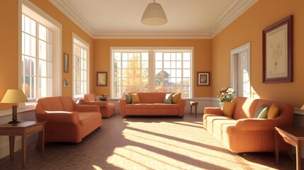Sunlit Living Room Interior Design With Orange Sofa and Window
