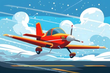 Red Airplane Flying Through Snowy Clouds