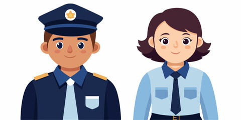 Police officers, a man and a woman in uniform stand on a white background. Keepers of order, investigation of crimes
