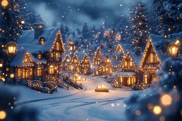 Fototapeta premium enchanted winter village scene twinkling lights on snowcovered cottages nativity display in town square starry night sky warm glow from windows