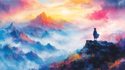 Obraz premium Fantasy Anime Postcard: Misty Mountain Top, Colorful Illustration of Vibrant Fantasy Landscape