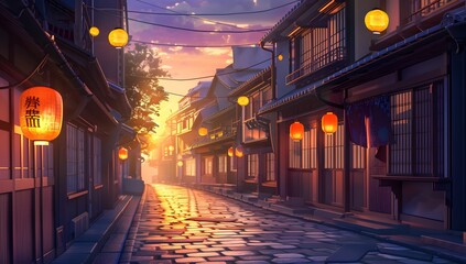 A serene cobblestone street flanked by traditional houses with glowing lanterns, under a twilight sky. The scene exudes tranquility and timeless charm, inviting a peaceful evening stroll