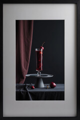 Long drink with fruit in dark and moody still life scene with dark plate and background