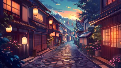 A serene cobblestone street flanked by traditional houses with glowing lanterns, under a twilight sky. The scene exudes tranquility and timeless charm, inviting a peaceful evening stroll