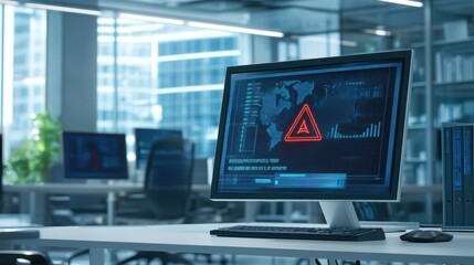 Fototapeta premium Cyber Attack Alert on Monitor in Corporate Office - Data Breach Risk Concept in Modern Business Environment