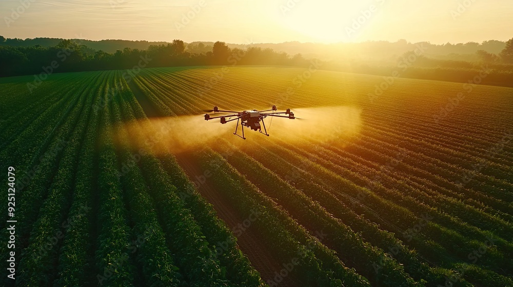 Wall mural Automated drone spraying fertilizers in a large agricultural area.