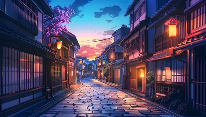 Obraz premium A serene cobblestone street flanked by traditional houses with glowing lanterns, under a twilight sky. The scene exudes tranquility and timeless charm, inviting a peaceful evening stroll