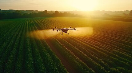 Automated drone spraying fertilizers in a large agricultural area.
