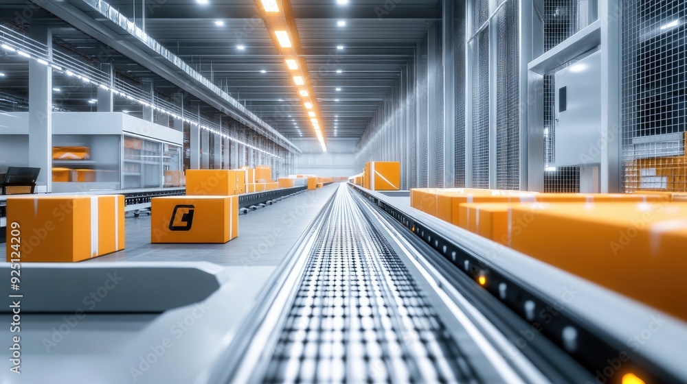 Poster automated packing and sorting system in a high-tech farm warehouse.