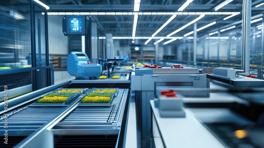 Poster automated packing and sorting system in a high-tech farm warehouse.