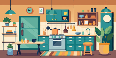 Interior of a cozy kitchen with furniture and appliances. Vector illustration
