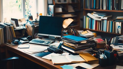 A cluttered desk with a computer, books, papers, and a phone.