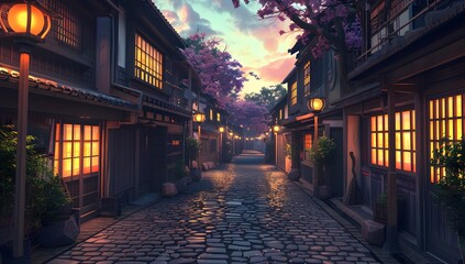 Fototapeta premium A serene cobblestone street flanked by traditional houses with glowing lanterns, under a twilight sky. The scene exudes tranquility and timeless charm, inviting a peaceful evening stroll