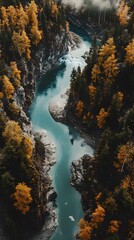 Aerial View of Winding River in Autumn Forest