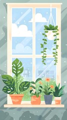 Windowsill With Flowers and Plants in Pots
