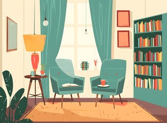 Cozy Living Room with Green Chairs, Bookshelf, and Window