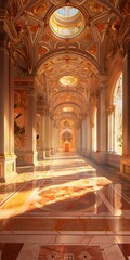 Obraz premium Ornate Hallway With Golden Ceiling and Marble Floor