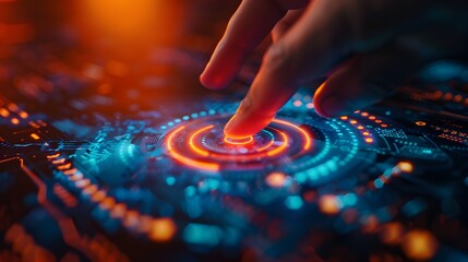 Finger Triggering Neon Holographic Button on Futuristic Digital Interface