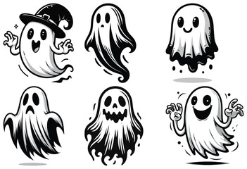 Cartoon ghost characters, black and white, Halloween decorations, spooky and playful illustrations