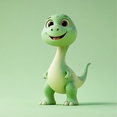 Fototapeta premium Cute Green Cartoon Dinosaur 3D Render on Green Background.