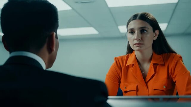 Meeting of the lawyer and the Caucasian young female defendant in the interrogation room. Justice and the protection of the innocent.