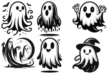 Cute ghost illustrations in black and white for Halloween design, festive and spooky decor