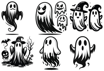 Cartoon ghosts collection, black and white art with spooky expressions for Halloween decor