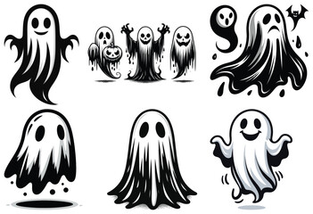 Cartoon ghost characters in monochrome, various expressions, Halloween symbols, spooky designs