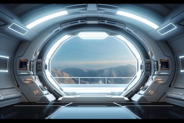 Fototapeta premium Spaceship interior with view on space and planets. Mixed media Ai Generated