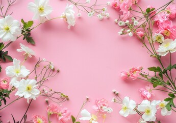 Fototapeta premium Beautiful arrangement of white and pink flowers on a soft pink background Perfect for celebrations, weddings, or floral themed designs