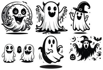 Cartoonish Halloween ghosts, black and white illustrations, spooky festive stickers, Halloween decor