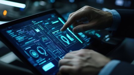 Cybersecurity Professional Analyzing Threat Reports on Tablet in Office Setting