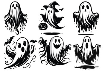 Spooky ghost illustrations, black and white, Halloween-themed, greeting cards or party invites
