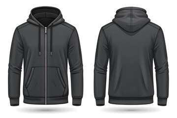 Blank black male hoodie, front and back view, isolated on white background, Mens hoody with hood for your design mockup for print, Template for winter clothes.