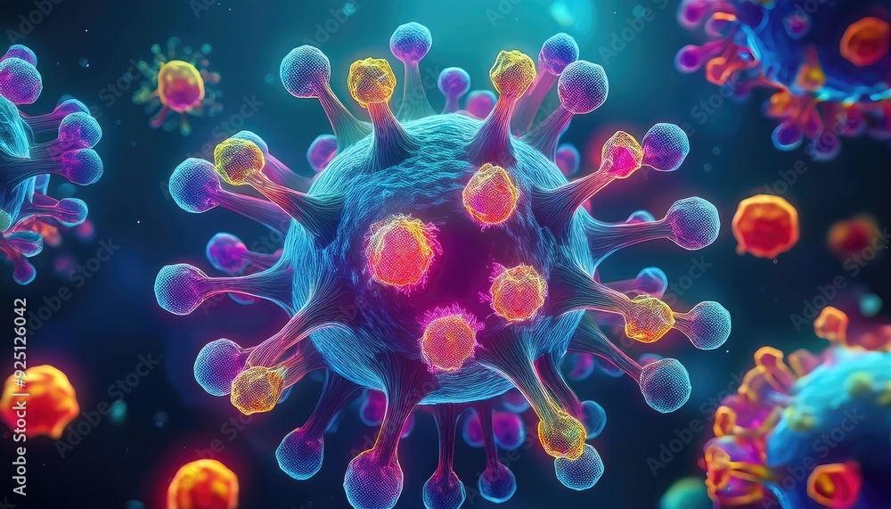 Poster visualization of monkeypox infection with virus particles floating in the air and symptoms emerging 
