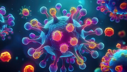 Obraz premium Visualization of Monkeypox Infection with Virus Particles Floating in the Air and Symptoms Emerging in Holographic Detail