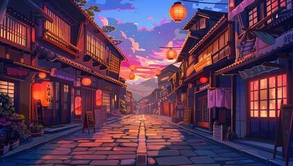 Fototapeta premium A serene cobblestone street flanked by traditional houses with glowing lanterns, under a twilight sky. The scene exudes tranquility and timeless charm, inviting a peaceful evening stroll