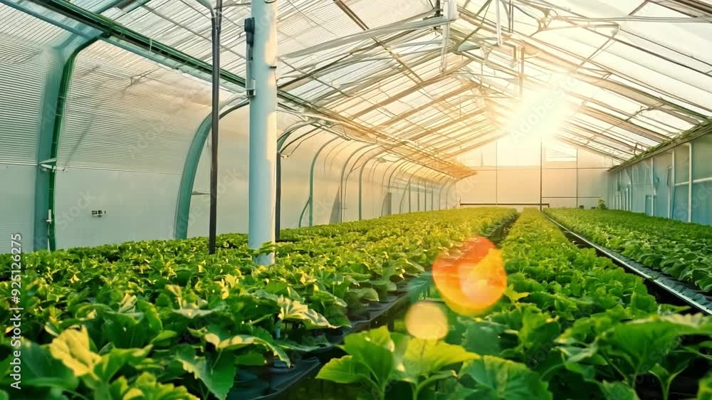Poster sunlight streams through a greenhouse, illuminating rows of vibrant green plants thriving in spring.