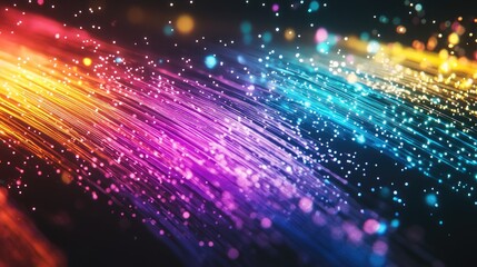 Obraz premium Close-up of a fiber optic cable, with colorful light beams representing data transfer.