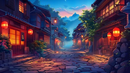 Fototapeta premium A serene cobblestone street flanked by traditional houses with glowing lanterns, under a twilight sky. The scene exudes tranquility and timeless charm, inviting a peaceful evening stroll