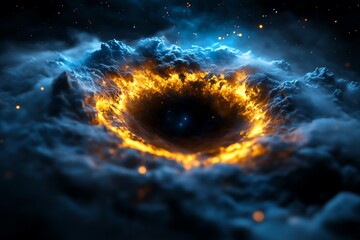 Abstract cosmic art featuring a fiery ring surrounding a black hole in a nebula.