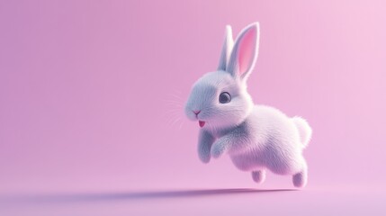 Obraz premium Cute White Bunny Rabbit Hopping on Pink Background, 3D Rendering.