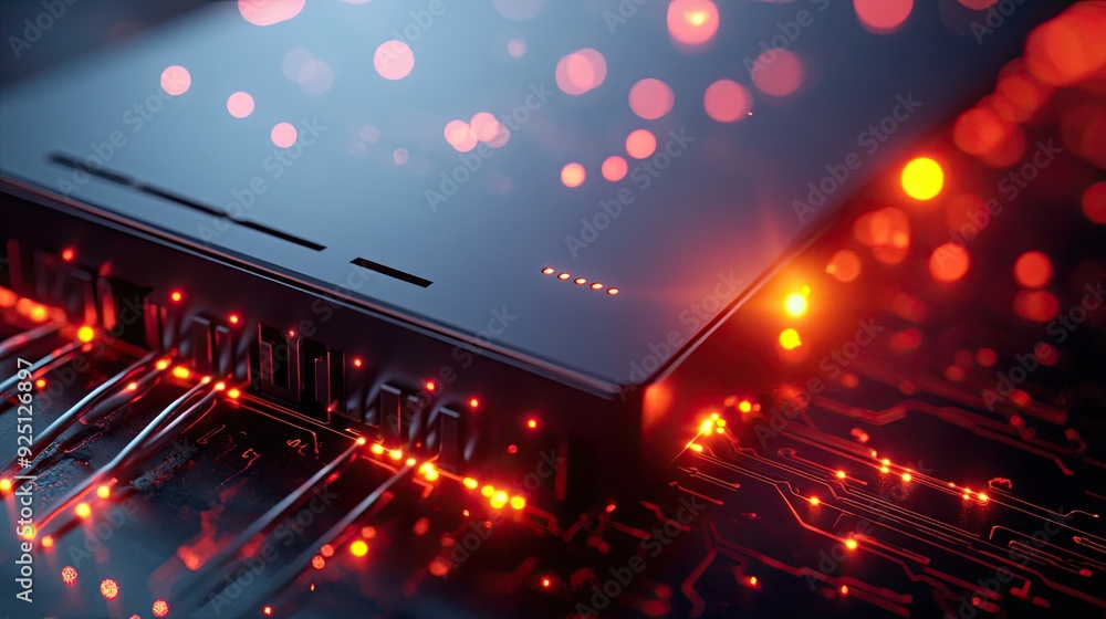 Aufkleber close-up of a network router with glowing lights, representing data transfer