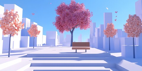 Minimalist City Park with Pink Trees and Bench