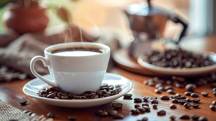 A photo of a freshly brewed cup of coffee on a table, with a coffee pot and beans in the background, photostock style,generative ai