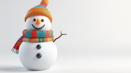 Cheerful Snowman with Knit Hat and Scarf on White Background - Winter Holiday Illustration.