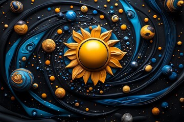 Abstract cosmic design with swirling blue and black patterns, a stylized sun, and scattered orbs.