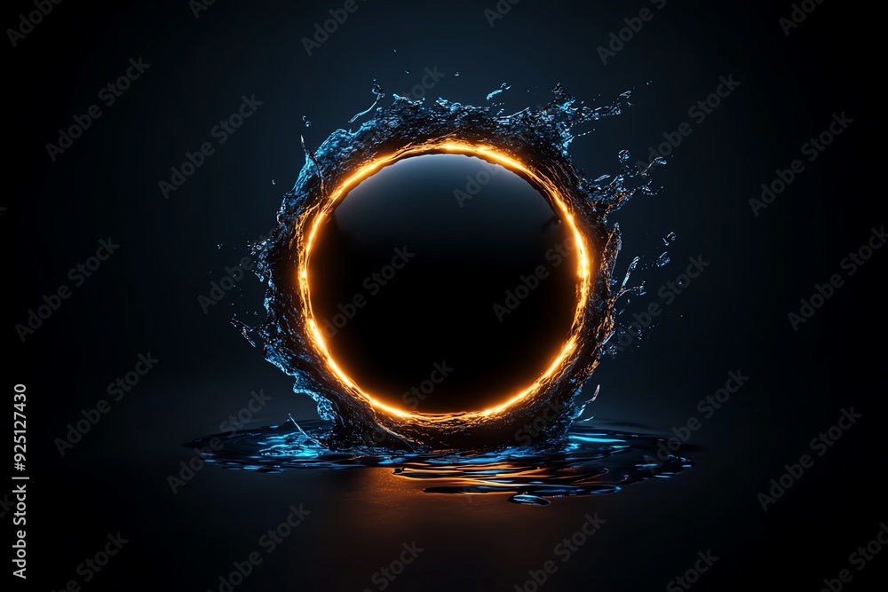 Poster abstract glowing circle surrounded by water droplets on a dark background.